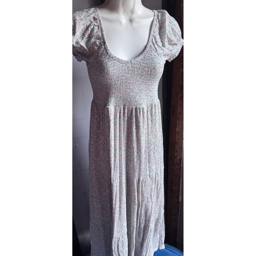 No Comment NY-LA Floral Smocked Midi Dress XL Sage Green Pink Puff Sleeve Tiered